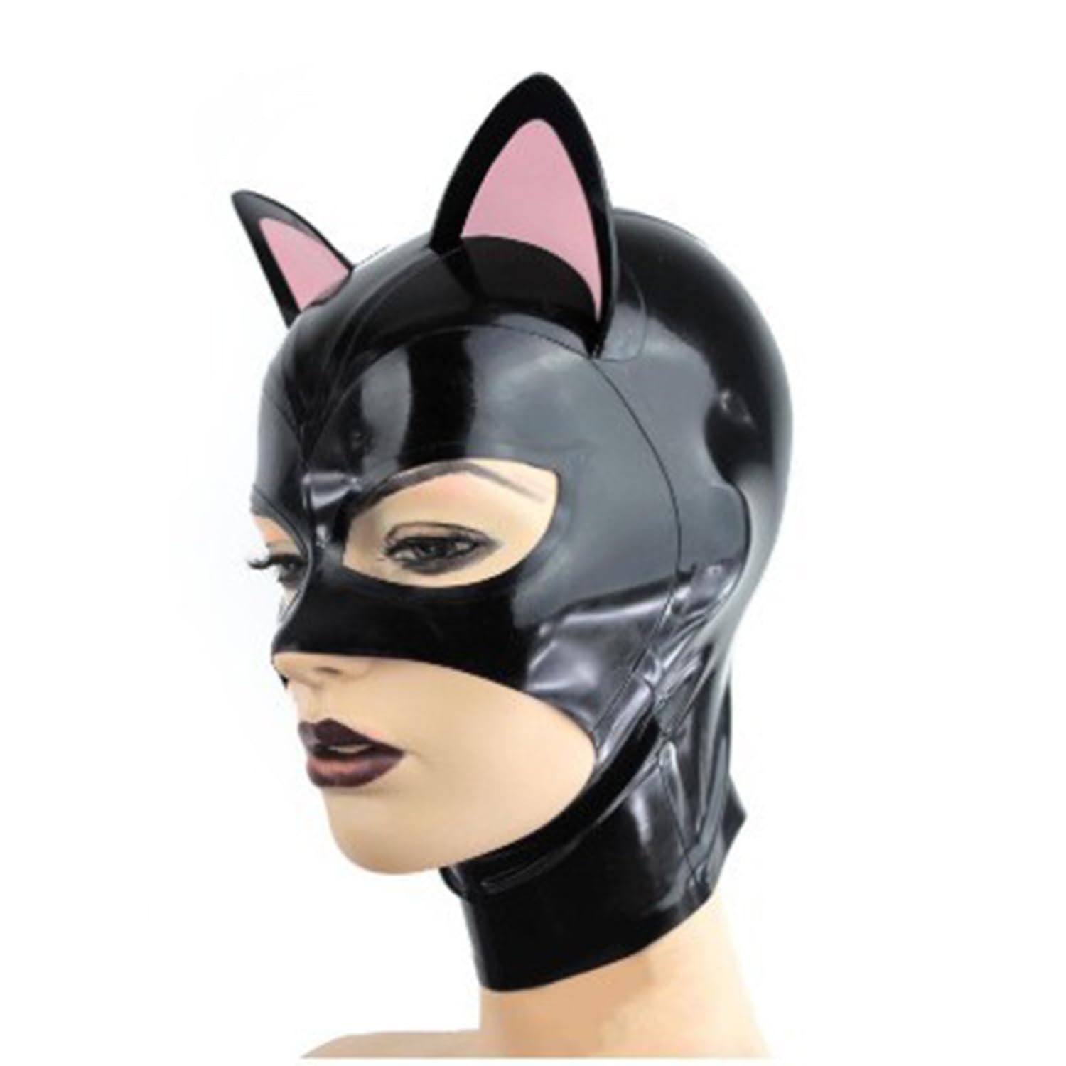 WXLPCGO Latex Hood with Cat Ears Riding Mask Unisex Fetish Exposed Eyes and Mouth for Cosplay BDSM Club Handmade(Size:XXL-73CM)