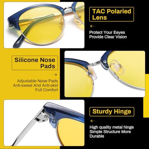 DUCO Round Semi-Rimless Night Vision Driving Glasses Polarized Anti Glare Eyewear for Men and Women HD Yellow Tinted3