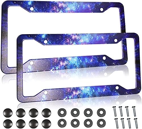 Galaxy License Plate Frame - 2 Pcs Set Quality Aluminum Metal Blue Purple Starry Sky Night Car Tag Holders 4 Holes for US Canadian Car (12.3" x 6.3")