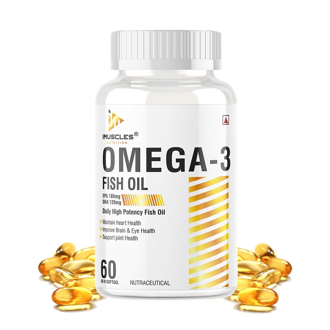 iMuscles Nutrition Omega-3 Fish Oil 60 Softgel Capsules for Brain, Heart, Eye & Joint Support | 180mg EPA & 120mg DHA | Unisex Health Supplement