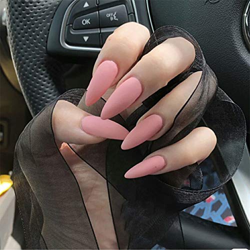 Umillars 24pcs Matte Pure Color Stiletto Nails False Gel Nails Art Tips Sets Full Cover Medium Almond Shape Acrylic Fake Nail Tips Gel (Matte Pink)