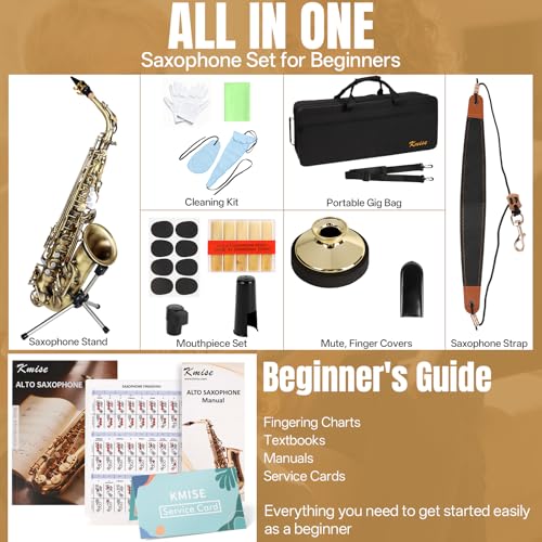Kmise E Flat Alto Saxophone, Lightweight Saxophones for Students Beginner, Saxofon Full Kit with Portable Case, Sax Stand, Neck Strap, Reeds, Beginner\'s Guides, Mute, Cleaning Kit (Bronze)