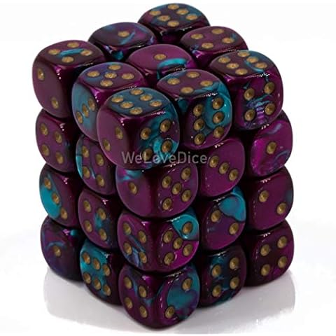 Chessex Dice d6 Sets: Gemini Purple & Teal with Gold - 12mm Six Sided Die (36) Block of Dice Cover