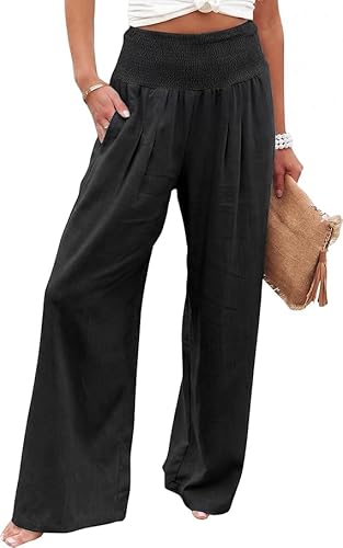 JHTK Linen Pants Women, Palazzo Pants for Women, Maternity Pants, Boho Pants for Women Wide Leg High Waist Casual Loose Summer (US, Alpha, Medium, Regular, Regular, Black)