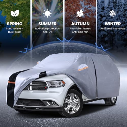 Image of Multi-Layer Car Cover Custom Fit for Dodge Durango(1998-2026), 100% Waterproof All Weather for Automobiles, Gift with Towel, Heavy Duty Car Covers for Rain Sun UV Protection with Door Zipper