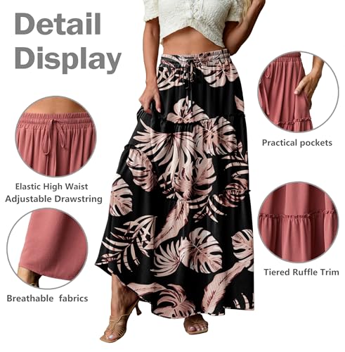Image of Lepunuo Womens Casual Boho High Waisted Flowy Maxi Skirts Tiered Floral Long Skirts with Pockets for Summer Beach Vacation
