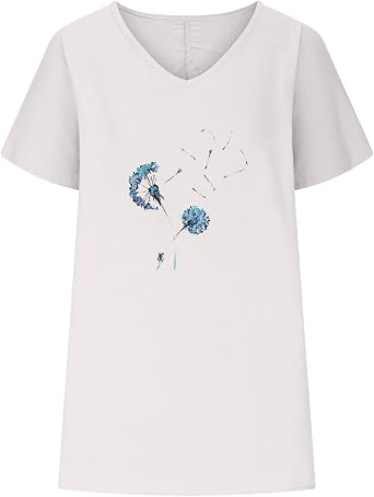 Lastesso T Shirts for Women Printing Short Sleeve Loose Tops Casual V Neck Cotton Summer Tops Vacation Holiday Blouse Tees