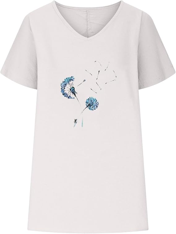 Lastesso T Shirts for Women Printing Short Sleeve Loose Tops Casual V Neck Cotton Summer Tops Vacation Holiday Blouse Tees