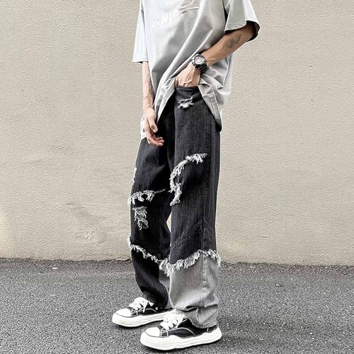 jupkem Men Y2k Baggy Straight-Leg Jeans Casual Ripped Patchwork Distressed Pants Goth Hip-hop Street Style Harajuku Clothing3