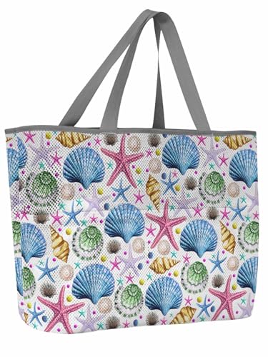 Beach Bags Women Mesh Tote Bag Watercolor Starfish Shell Conch Toy Grocery Pool Bag with Pockets for Travel/Picnic/Shower