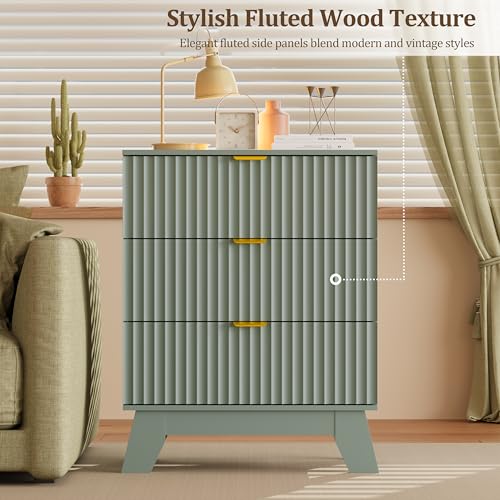 Image of Fluted Nightstand Sets of 2 with 3 Large Drawers, Wooden Side End Table with Elevated Legs for Easy Cleaning, Sturdy Modern Beside Table for Small Space, Bedroom, Green, 24 inch L