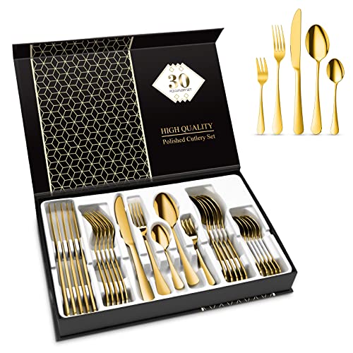 Cuberteria Dorada Aoeeppa Juego de Cubiertos Acero Inoxidable 30 Piezas, Cubertería de Mesa para 6 Personas, Pulido Espejo, Set Cubiertos con...