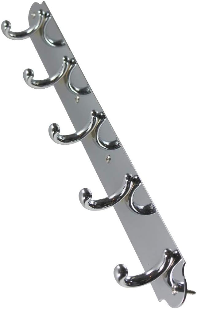 Renovators Supply Chrome Plated Brass Robe Hook Rack 15.5 Inches Wide Modern Metal Wall Mounted Coat Holder Hanger with 5 Organizer Rail Hooks Includes Mounting Hardware