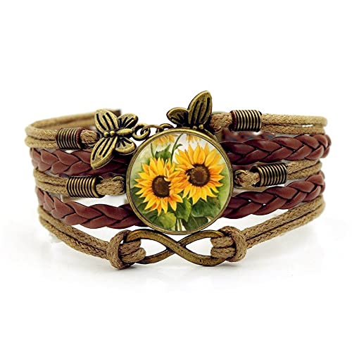 Sunflower Bracelet, Sunflower Charm Jewelry, Flower Jewelry,Friendship Bracelet Handmade Leather Wrap Bracelets (A7, 2CM) - Main Image