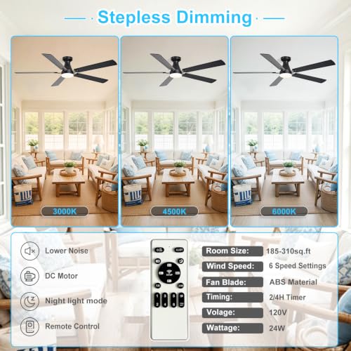 Image of Depuley Modern Ceiling Fan with Light: 60-Inch Black Flush Mount Fandelier | Bedroom Indoor Outdoor Use, 5 Reversible Walnut Blades, 6 Fan Speeds, Timing Function, Dimmable 3CCT, Remote Control Included