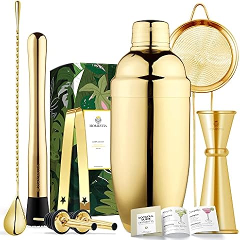 Homestia Gold Cocktail Shaker Set, 8 PCS Bartender Kit with All Essential Accessory Tools, 24oz Martini Shaker, Bar Jigger, Mixer Spoon, Fine Mesh Strainer, Muddler, Ice Tong and Bottle Pourers Cover