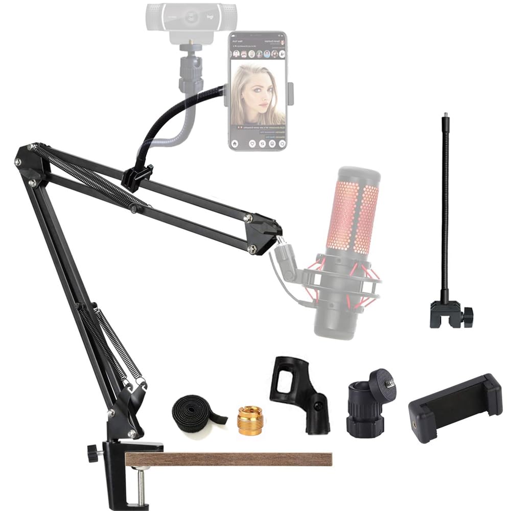 Brazo de micrófono [2 en 1] Soporte de brazo de tijera para micrófono de escritorio para Blue Yeti Snowball HyperX QuadCast, etc., soporte de teléfono para cámara web de cuello de cisne