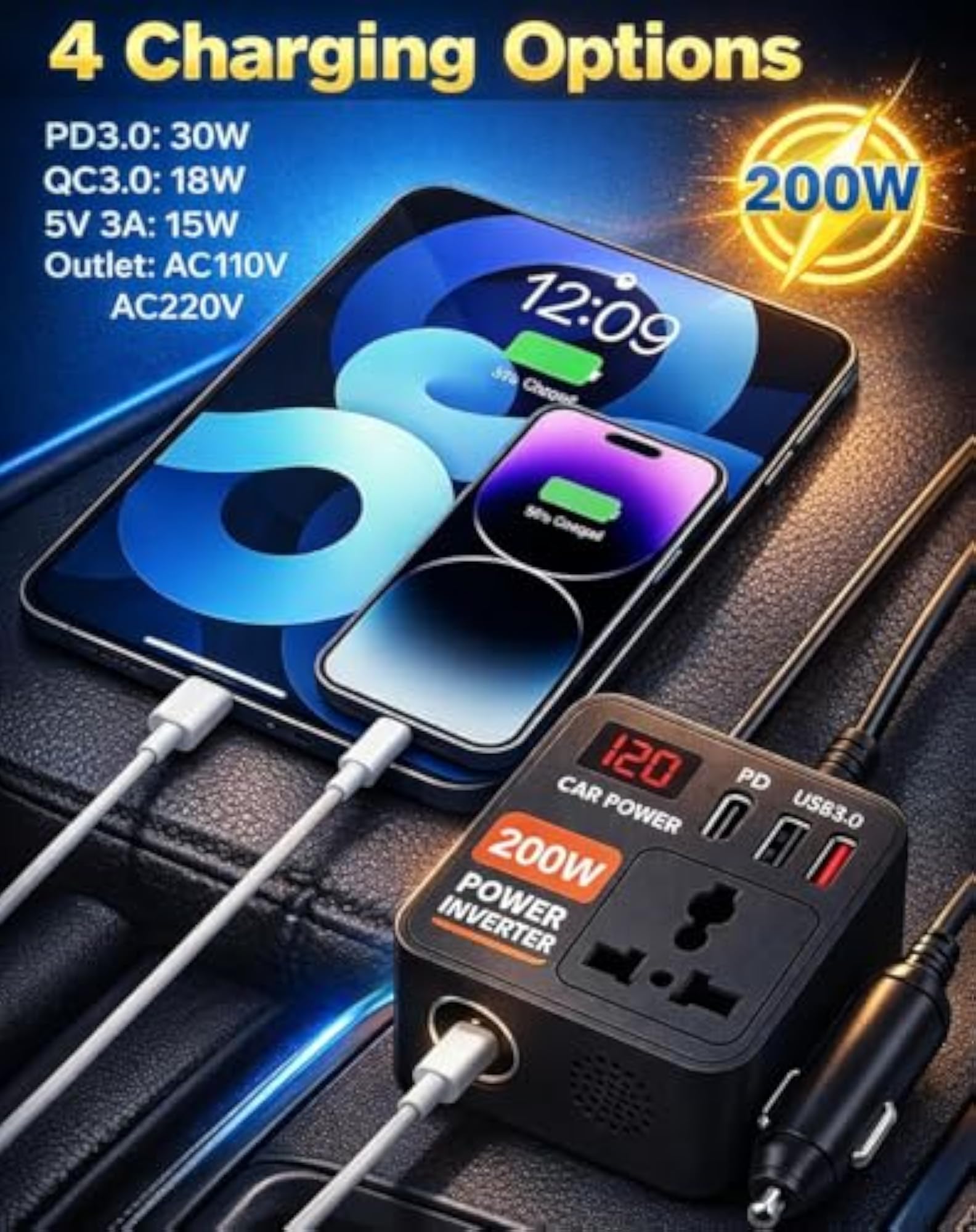 200W Car Power Inverter, 12V DC to 220V AC Converter