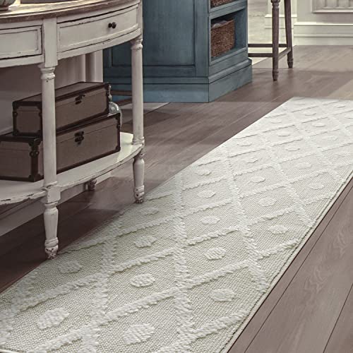 Antep Rugs Palafito 2x10 Geometric Shag Diamond High-Low Pile Textured Indoor Runner Rug (White, 2' x 10')