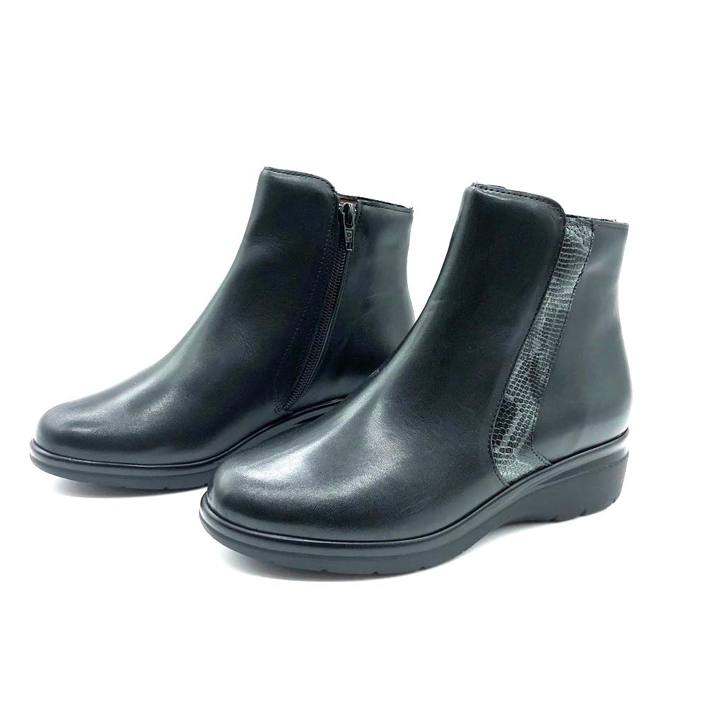 Pitillos - 10725 Botín de Mujer en Piel Napa con Detalle Serpiente, Plantilla Acolchada Extraíble, Cremallera Lateral, Cuña 4 cm, Suela Ligera Antideslizante – Negro, Hecho en España para: MUJER