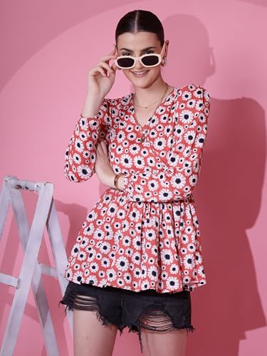 Image of Sheetal Associates Women's Crepe Puff Sleeves Peplum Top with Floral Printed Regular Fit Full Sleeve and V-Neck Maxi Length