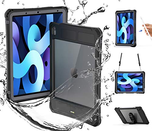 iPad Air 4th / 4 Generation Case Waterproof with Pencil Holder Screen Protector Stand Kickstand and Strap, Full Body Rugged Protection Bumper Protective Case for iPad Air 4 10.9" 2020 (Black)
