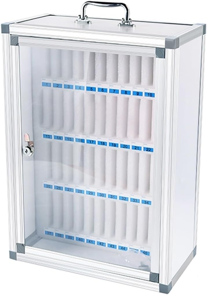 Cell Phone Locker Box for Classroom with Door Locks and Keys Clear Acrylic Jail Storage Cabinet，48 Pocket Cell Phone Organizer Storage Cabinet - Wall-Mounted Mobile Phone Locker with Chart -