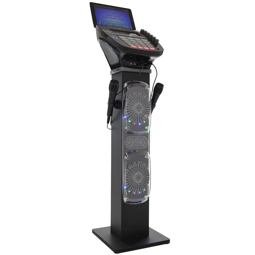 KARAOKE Easy Bluetooth System mit Lautsprechersockel - Professionelles CDG-System mit 6 Lautsprechern, LED-Disco-Lichtern, 7-Zoll-Farb-TFT-Bildschirm + 2 Mikrofone
