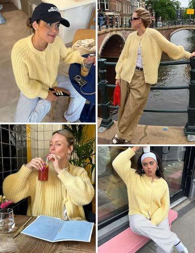 Image of Women's Casual Puff Long Sleeve Crew Neck Cardigan Button Down Open Front Knit Loose Sweater Outwear