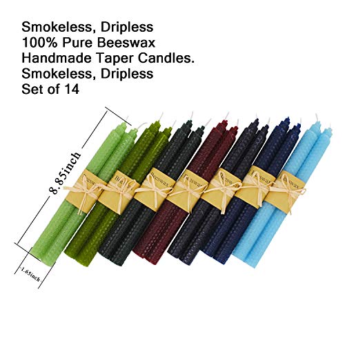 Image of 7 Pairs 100% Pure Beeswax Handmade Taper Candles, 9 Inch Smokeless Dripless Wax Candles, Beeswax Candle for Home Gift Ideas - Cool Color Set