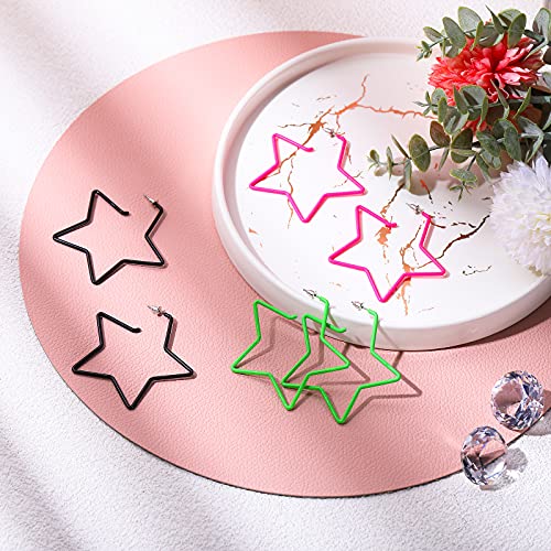 Hicarer 3 Pairs Halloween 70s 80s Neon Earrings Hoop Star Square Retro Earrings Gifts for Women Glow Party Costume Accessory4