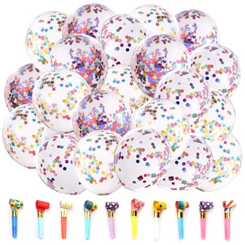 60 unidades confetes balões de aniversário balóis de confete di cores adequado para decoração de aniversário casamentos compromissos e festas graduação com 10 apito ponta longa