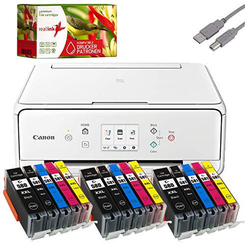 Bundle Canon PIXMA TS6251 Tintenstrahl Drucker Multifunktionsgerät weiß mit 15 komp. realink® Tintenpatronen für PGI-580/CLI-581 XXL (Drucken, Scannen, Kopieren)