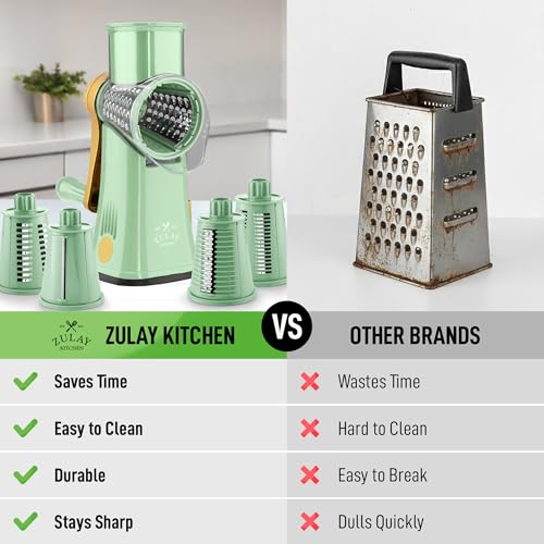 Image of Zulay Kitchen Rotary Cheese Grater 5 Blade Cheese Shredder - Manual Hand Crank Cheese Grater With Reinforced Suction & 5 Interchangeable Drums - Easy to Use, Vegetable Chopper Round Mandoline Slicer