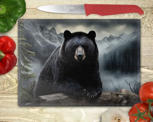 Tabla de cortar rectangular de vidrio templado Traci's Fun Creations con diseño de oso negro y paisaje montañoso (38.74 cm x 28.58 cm) miniatura 2