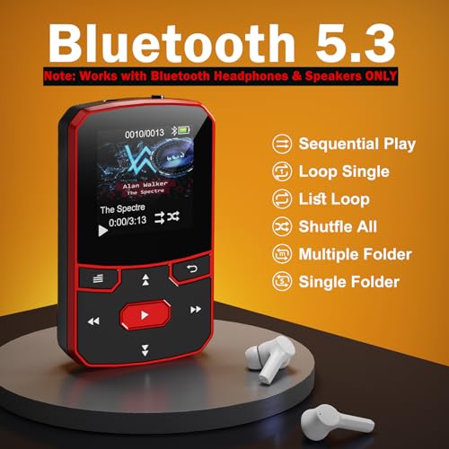 Image of RUIZU 64GB Clip MP3 Player with Bluetooth 5.3, Portable Music Player with Voice Recorder for Sports Running, FM Radio, A-B Repeat, Audio Shuffle Resume Playback, Support 128GB Micro SD Card, Red