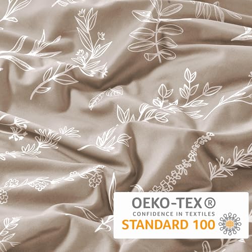 MUXHOMO Duvet Cover Full Size, Reversible Floral Taupe Duvet Cover Set with Zipper Closure, 3 Pieces Botanical Patterns Soft Microfiber Bedding Set with 4 Ties (80"x90", 2 Pillow Cases)