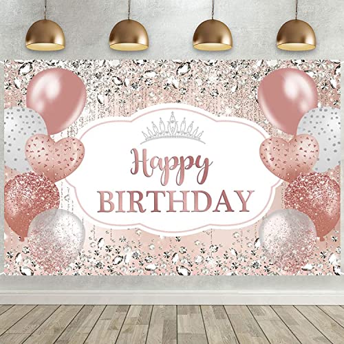 Happy Birthday Backdrop Banner Rose Gold Glitter Sequin Shinning Photography Background Sweet Girl Birthday Party Decorations Supplies