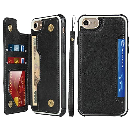 Cavor for iPhone 6/6s/7/8/SE 2022/SE 2020 Case Wallet with Card Holder[4 Card Slots] [with Lanyard] PU Leather Flip Shockproof Cover for iPhone 6/6s/7/8/SE 2022/SE 2020 - Black