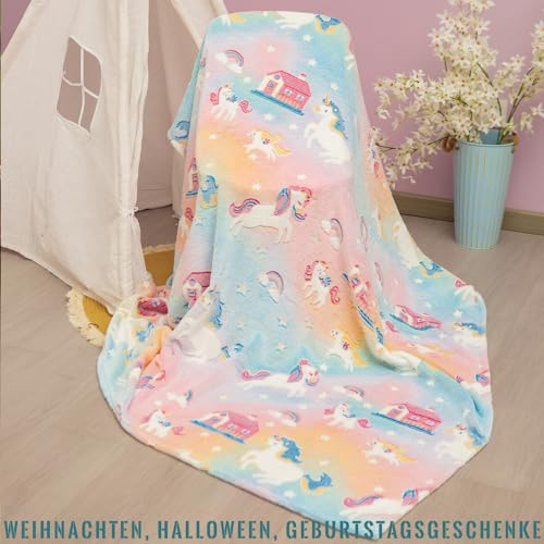 Einhorn Decke Glow In The Dark Kinder Kuscheldecke Flauschig MäDchen Geschenke 6-14 Jahre Geburtstag Couch Sofa üBerwurfdecke Fleecedecke Zimmer Deko Wolldecke (Einhorn House, 120 x 160 cm)