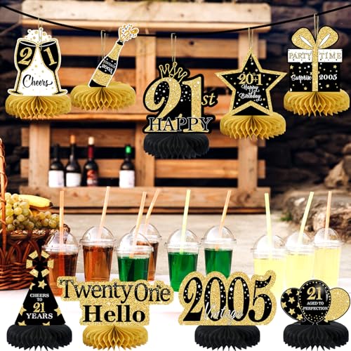 Image of 9Pcs Black Gold 21st Birthday Decorations Honeycomb Centerpieces for Girls,Happy 21st Birthday Centerpieces Tables Toppers Party Decorations Supplies,Vintage 2005 Aged Table Sign Decor