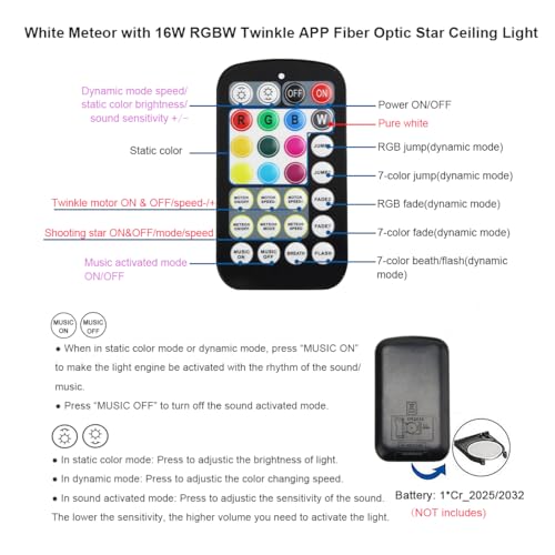 Image of AKEPO Small Size 16W Twinkle Meteor APP Fiber Optic Light Kits, Shooting Star+RGBW Music Activated 550pcs 0.03in /0.75mm 9.8ft /3m Optical Fiber Star Ceiling Light Kit for Car Starlight Headliner /Home