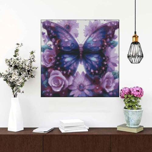 Image of Butterfly Flower Stamped Cross Stitch Kits Flower Cross Stitch Patterns,Dimensions Cross Stitch Kits Embroidery Kit Arts and Crafts for Beginners 13.7x13.7 inches