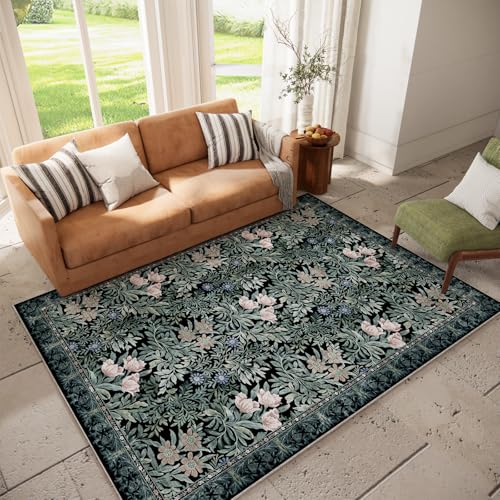 Image of Washable Area Rugs 6x9 Black Green Vintage Floral Botanical Pattern,Perfect for Living Room, Bedroom, Kids Room, Nursery - Stain & Water Resistant Non-Slip, Pet & Child Friendly /Bedroom Decor