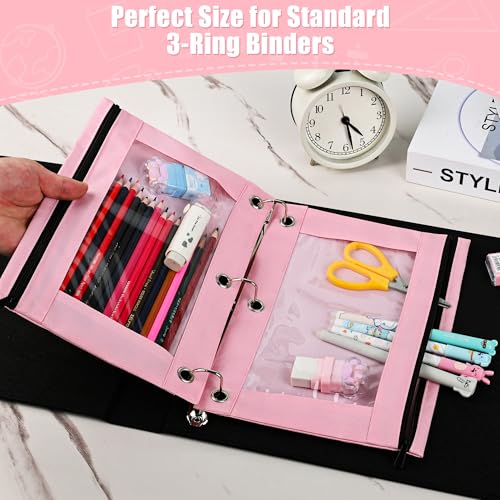 Image of Lanpn Pencil Pouch for 3 Ring Binder 6 Pack, Pink Binder Pen Bags with Zipper, Cute 3 Holes Pencil Pouches Organizer for Boy Girl Kids School Student, Reinforced Grommets & Clear Window