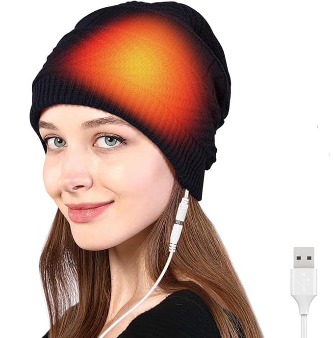USB Heated Knitted Beanie Hat Neck Warmer Gaiter for Women Men Winter Outdoor Sports Ski Mask Face Scarf Cover Neck Heating Pad Cold Weather Cycling Hunting Fishing Thermal Skull Cap Snow Hat