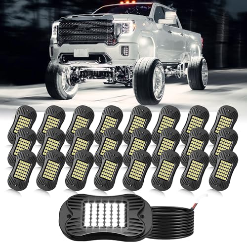Image of SHINIGHT 24 Pods White Rock Lights 6000K Pure White Super Bright Underglow Light,10FT /3M Extension Wires Each Light,36 LED SMD Chips,Waterproof IP68,Rock Lights for Trucks UTV ATV SUV Boats
