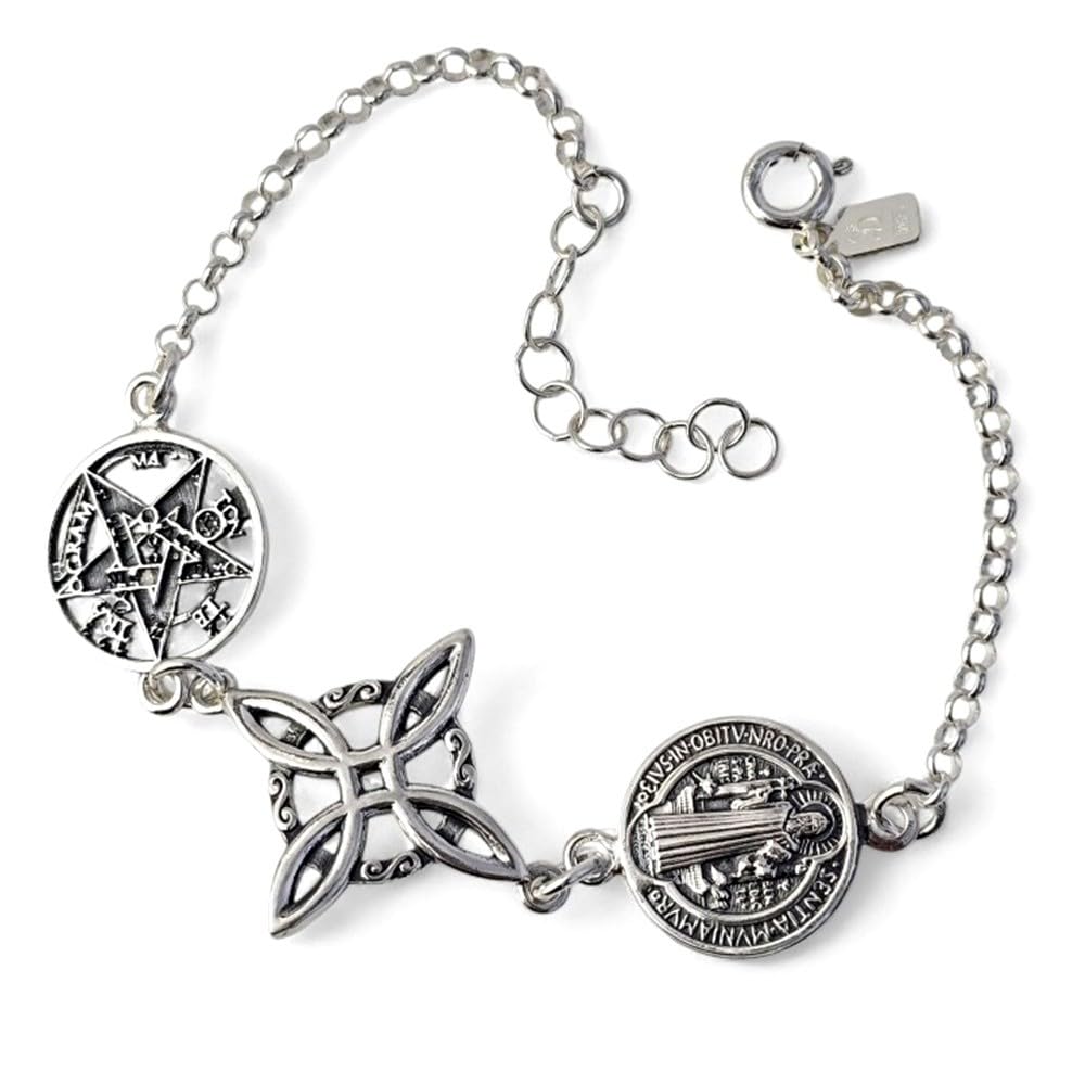 Pulsera Triple Protección en Plata de Ley 925m de 17cm. Nudo de Bruja Tetragramatón San Benito