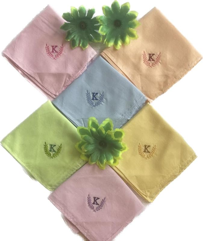 Image of ANTONIA Personalized Cotton Women's Handkerchiefs with Embroidered Initials, Assorted Colours (33 cm x 33 cm)