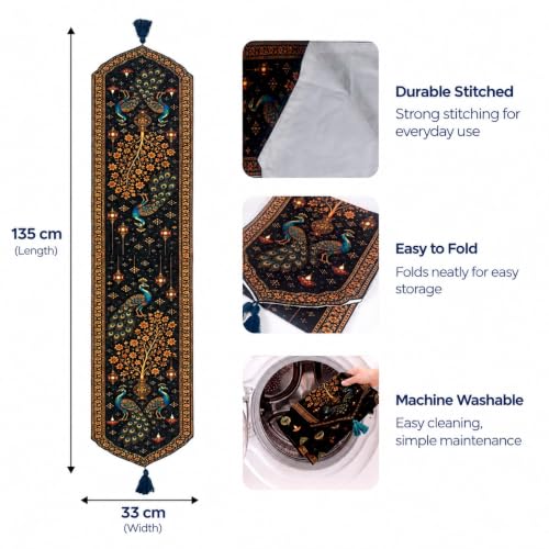 Image of Dining Table Runner -Diwali Peacock Printed Theme,Digital Print, Washable, Indoor /Outdoor, Heat-Proof, Wipe & Clean (135X33 cm) Navy & Orange